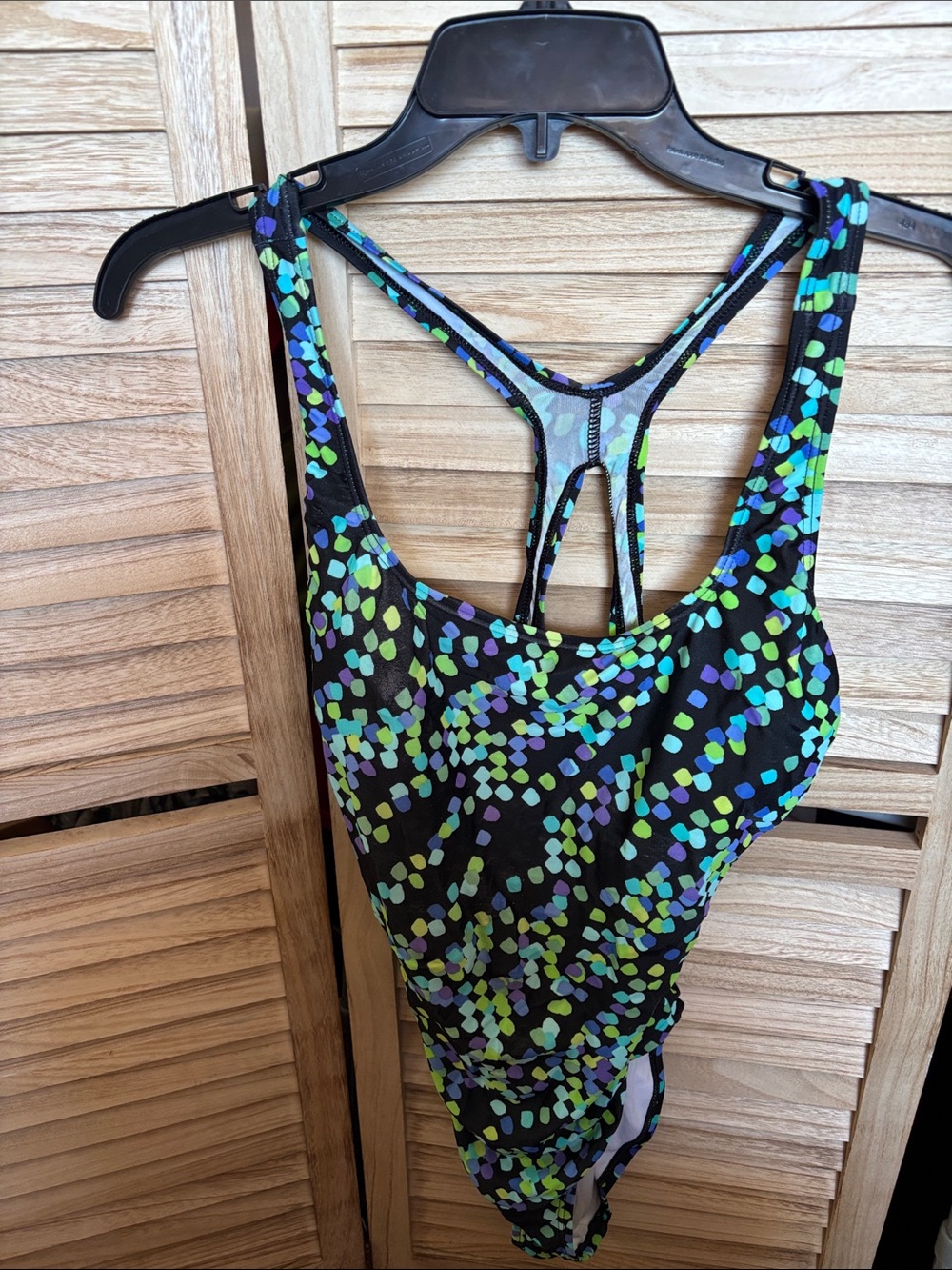 Speedo Black Swimsuit with Green Blue Purple Dot Print 12